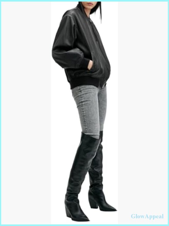 Oversized Leather Bomber Jacket with Metal Hardware, Longer Length - Picture 3 of 5